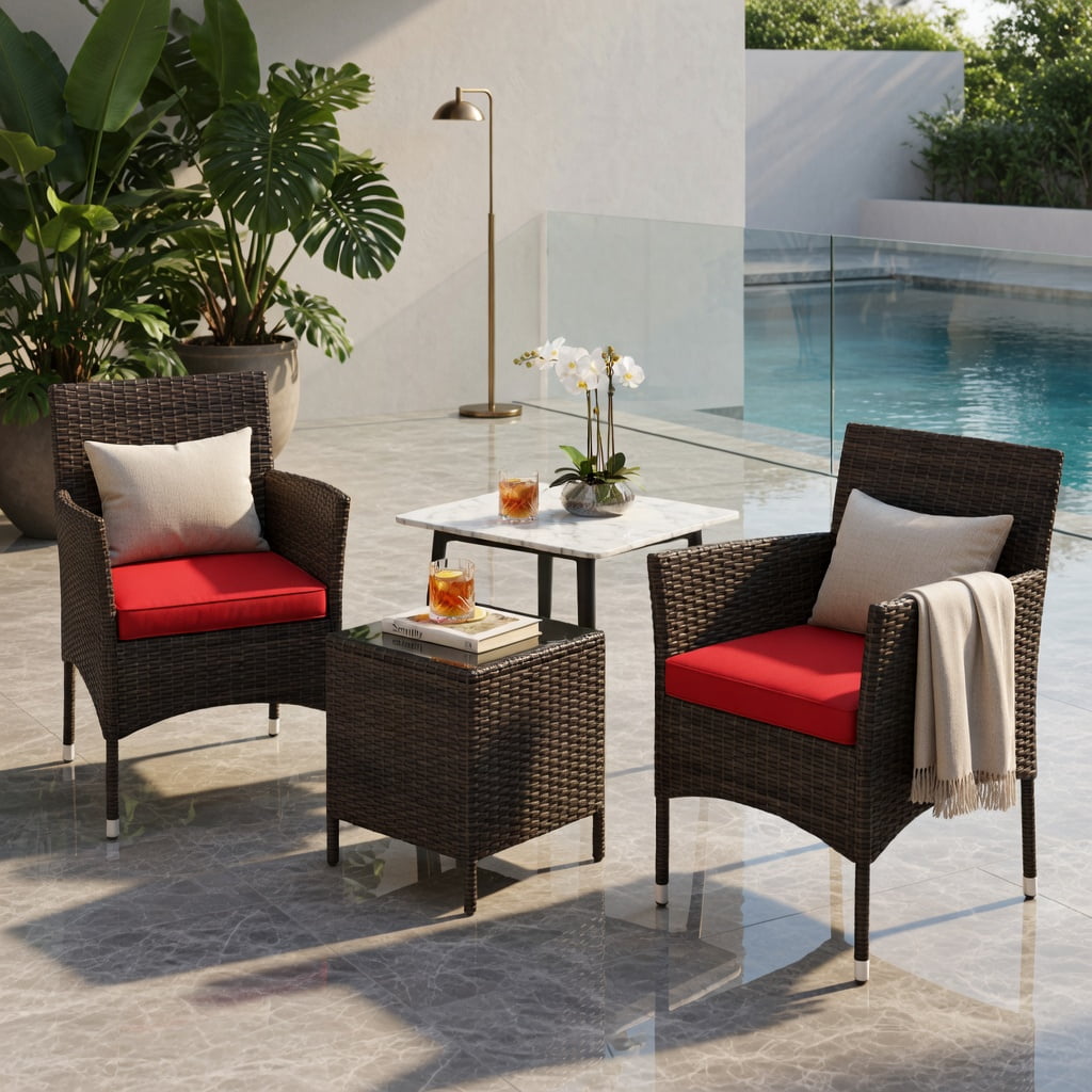 Hommoo 3-Piece Outdoor Wicker Conversation Set, Tempered Glass Coffee Table, PE Rattan & Metal Frame, Weather-Resistant Patio Seating for Backyard, Poolside & Porch, Red
