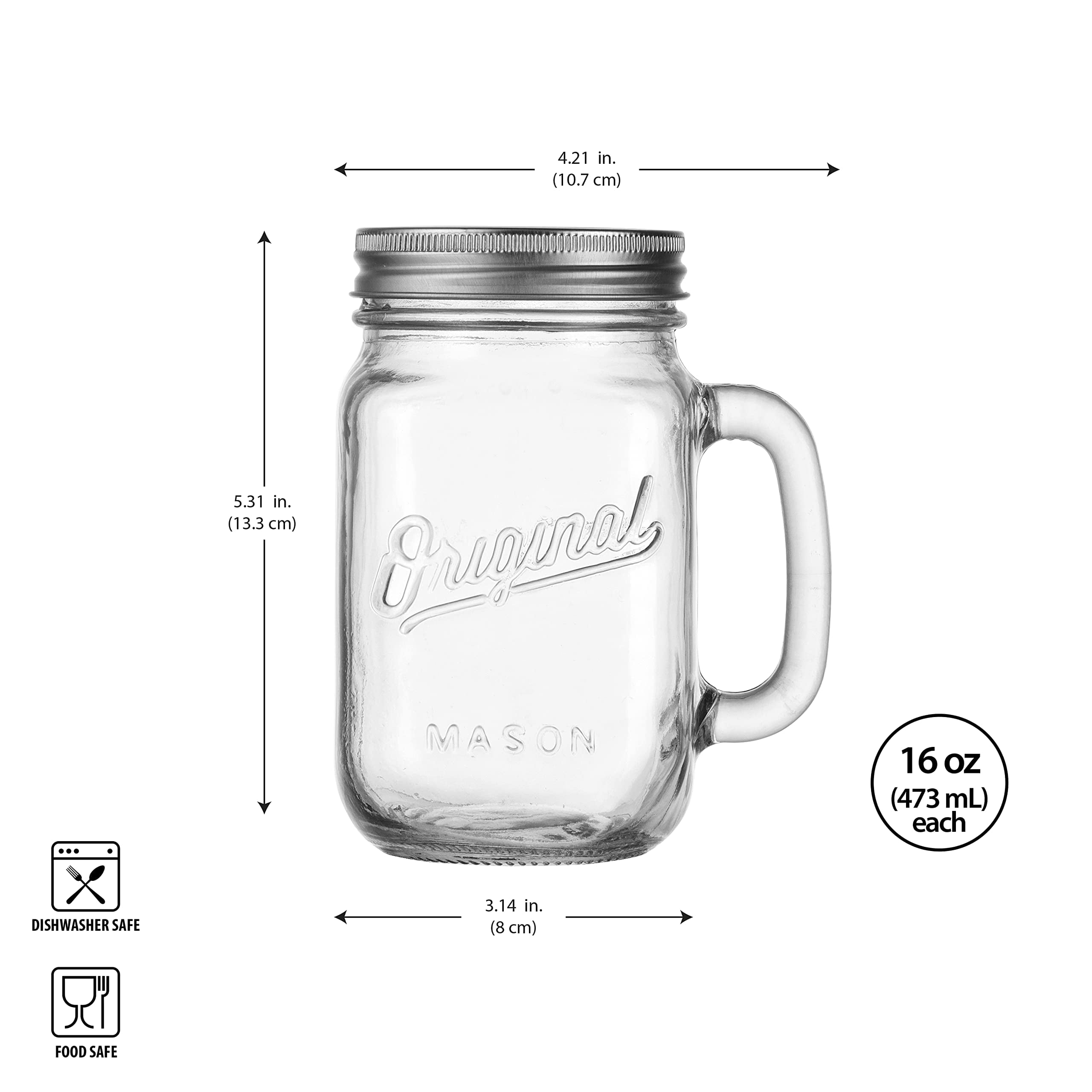 Smiths Mason Jars 6 Packs 16oz (473ml) Glass Jars with Handles and