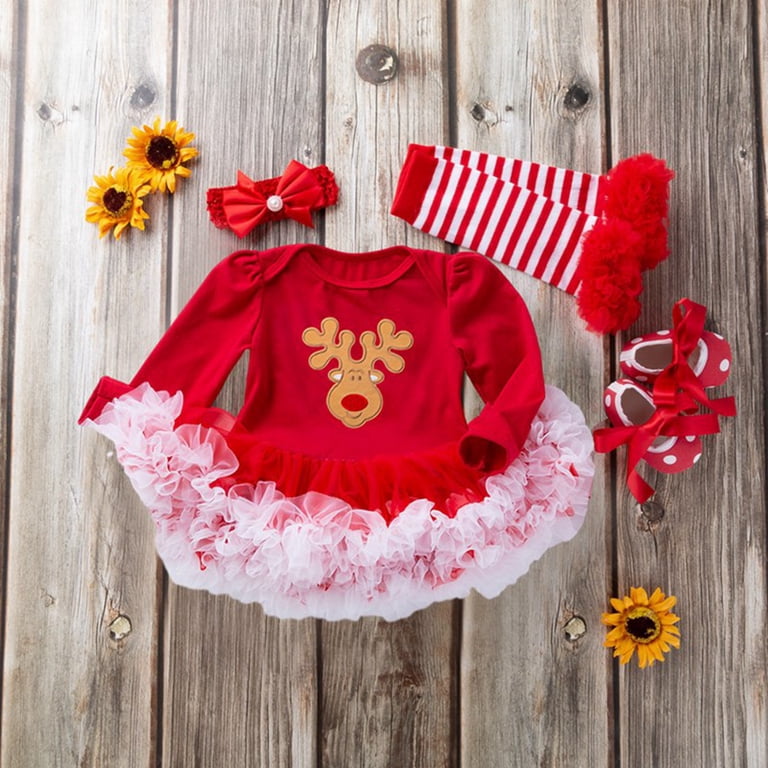 SILVERCELL 0-18M Baby Girls Christmas Outfits Clothes Newborn My First Christmas Romper Tutu Dress Headband Leg Warmer Shoes Xmas Toddler 4Pcs Clothing