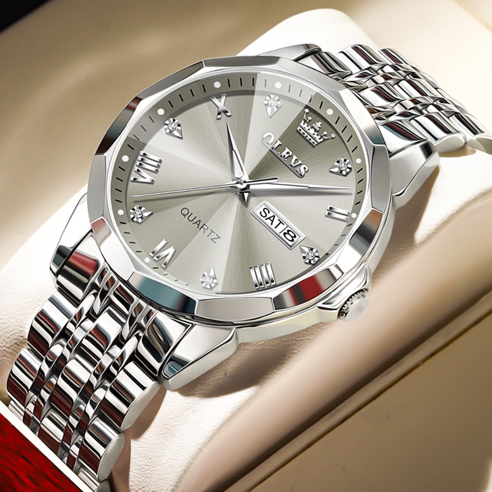 OLEVS Watch for Men Diamond Business Dress Analog Quartz Stainless Steel Waterproof Luminous Date Two Tone Luxury Casual Wrist Watch