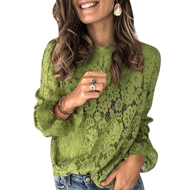 Blusa tipo jersey para mujer, cuello redondo, manga larga acampanada, cuello redondo hueco, blusa de encaje de manga larga acampanada, verde S