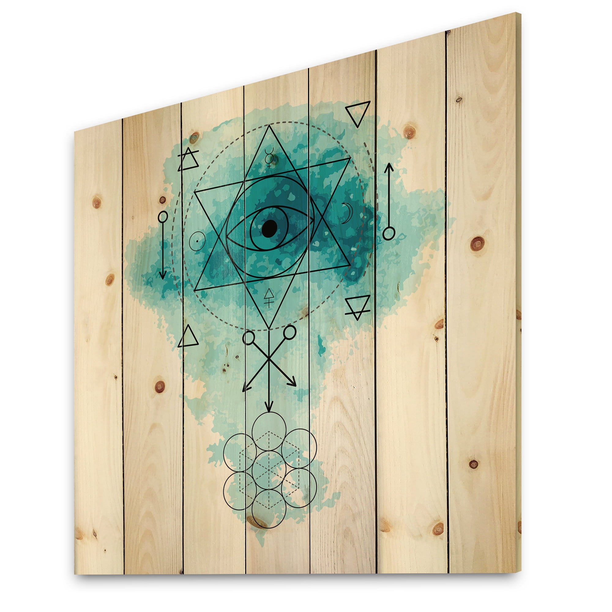 Designart 'Sacred Geometry and Symbol of Alchemy II' Bohemian & Eclectic Print on Natural Pine Wood