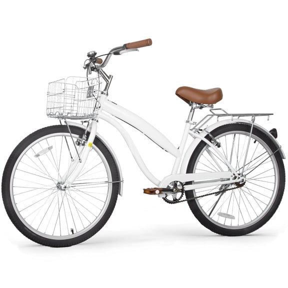 hykolity 26 inch Cruiser Bike Beach Bicycle City Bike Commuter Cycling 1 Speed for Adult Women Height 60-72 inch Front Basket Rear Rack Pale White