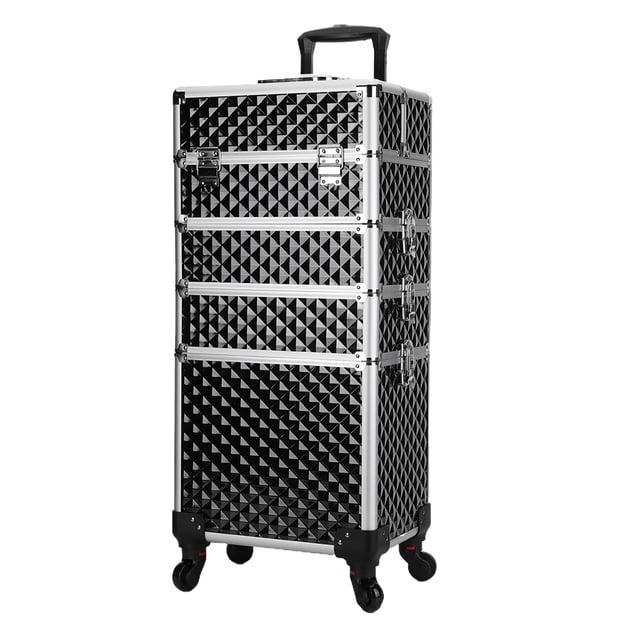 caja almacenamiento para peluquería carrito maletero estuche maquillaje con ruedas 4 capas — maletín vertical cuatro niveles patrón diamante negro con marco de aluminio y esquinas metálicas reforzadas; asa telescópica, cuatro ruedas giratorias 360° y cierre metálico; bandeja central desmontable con divisores, ideal también para organizar herramientas de maquillaje al viajar.