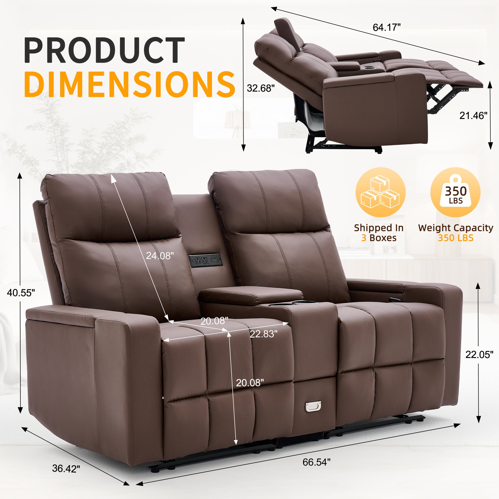 Korser Reclining Loveseat with Cup Holders,2-Seater Recliner Sofa with USB Ports & Type C Double Manual Recliner Chair for Living Room,Faux Leather,Brown
