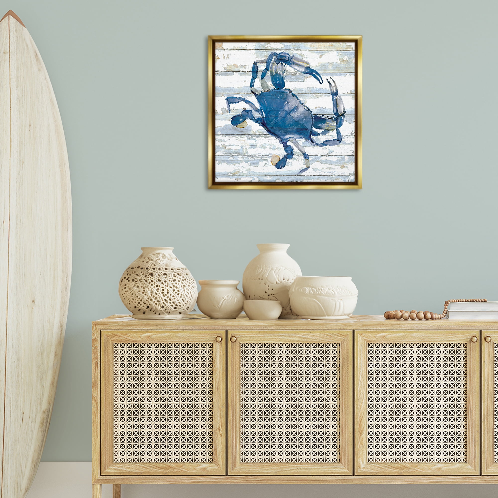 Stupell Industries Blue Crab on Distressed Animals Painting Gold Floater Framed Canvas Art Print Wall Art, 25 x 25