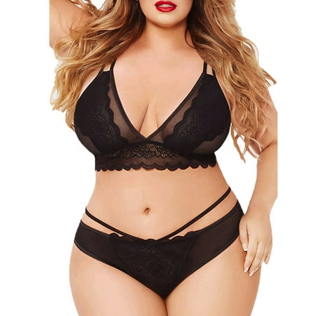 

TANGNADE Fashion Women Plus Size Muslin Lace Mesh Babydoll Lingerie Set Underwear Black + 3XL