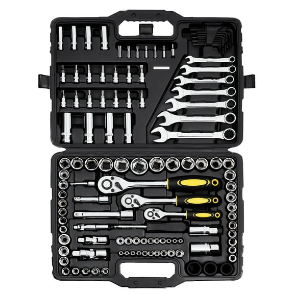KFFKFF 121-Component Mechanics Tool Set, Incorporates 1/4", 3/8", 1/2" Drive Sockets, SAE & Metric System, Mechanic Toolkit with Bits, Spanners, Ratchet Handle, Additional Items, and Durable Plastic