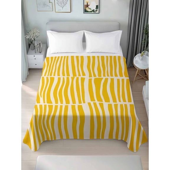 Yellow Striped Twim Size Flat Sheet, Wrinkleproof & Fadeproof Cooling Flat Bed Sheet Only, Modern Geometric Abstract Retro Breathable Soft Bedding Top Sheets 66 x 96 Inches