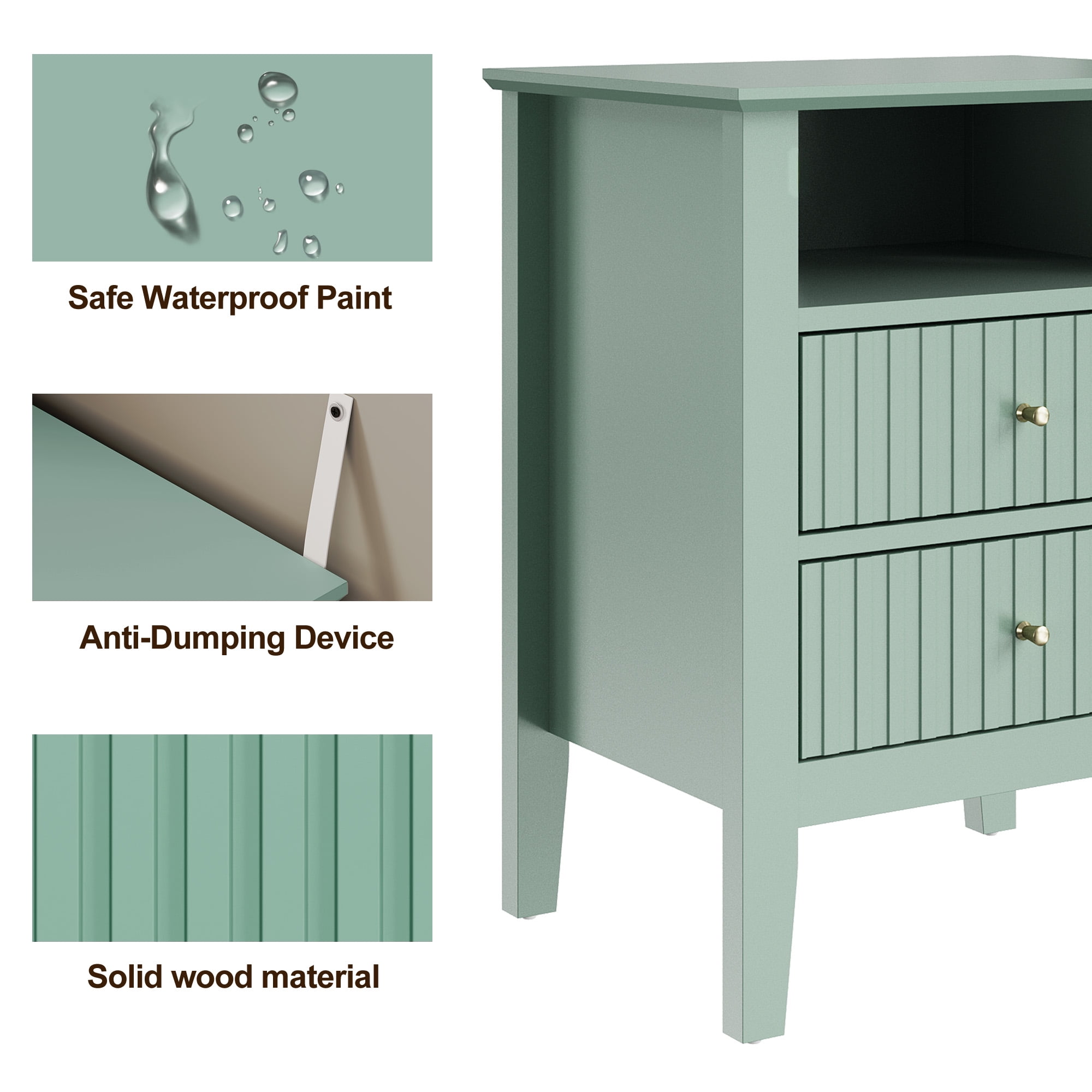 May in Color Green Fluted Nightstand with 2 Drawers Set of 2, Modern Wooden Sofa Table with Storage for Small Spaces, Tall End Table for Bedroom,Living Room, Couch Coffee Table