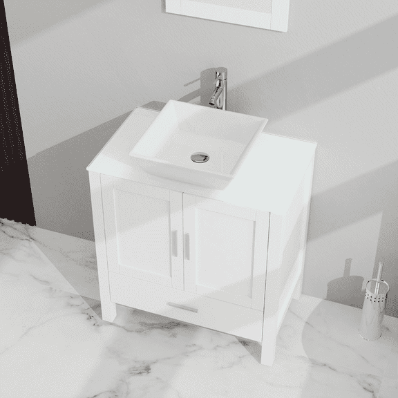 Resenkos30" Bathroom Vanity And Sink Combo Glass Top Cabinet w/Mirror, MDF, White