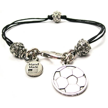 - Engraved Soccer Ball Pewter Beaded Black Waxed Cord Bracelet