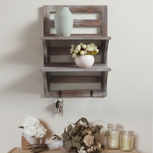 Jaxpety Rustic Wood Wall Mount Shelf with 2 Metal Hooks, 2 ...