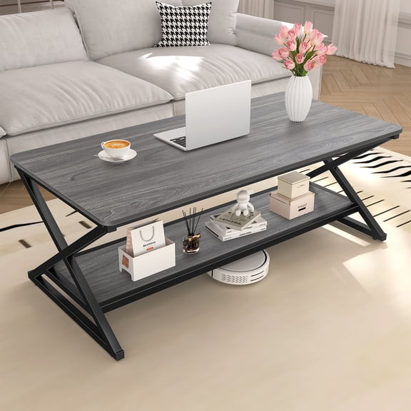 47 inch Gray Rectangle Coffee Table for Living Room, 2-Tier Wooden Coffee Tables with Round Corner, Modern Center Table for Small Space, Apartment, Office