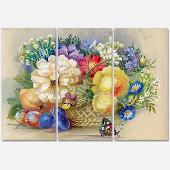 Designart ' Vintage Still Life Of White and Yellow Flowers ' Traditional Canvas Wall Art Print