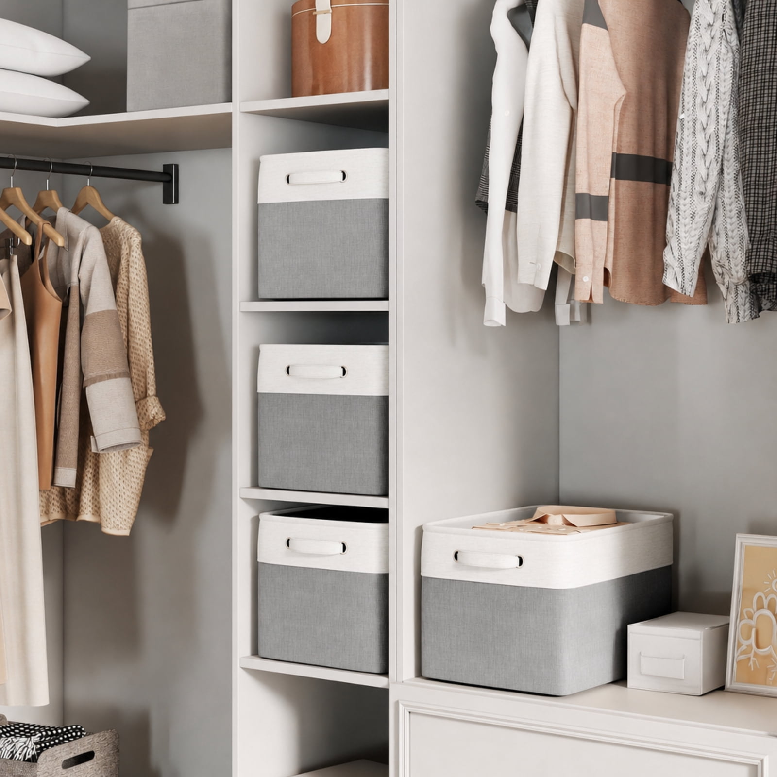 Fenbeli Fabric Storage Baskets Set of 4 Foldable Storage Bins with Handles for Shelf and Closet, Gray White