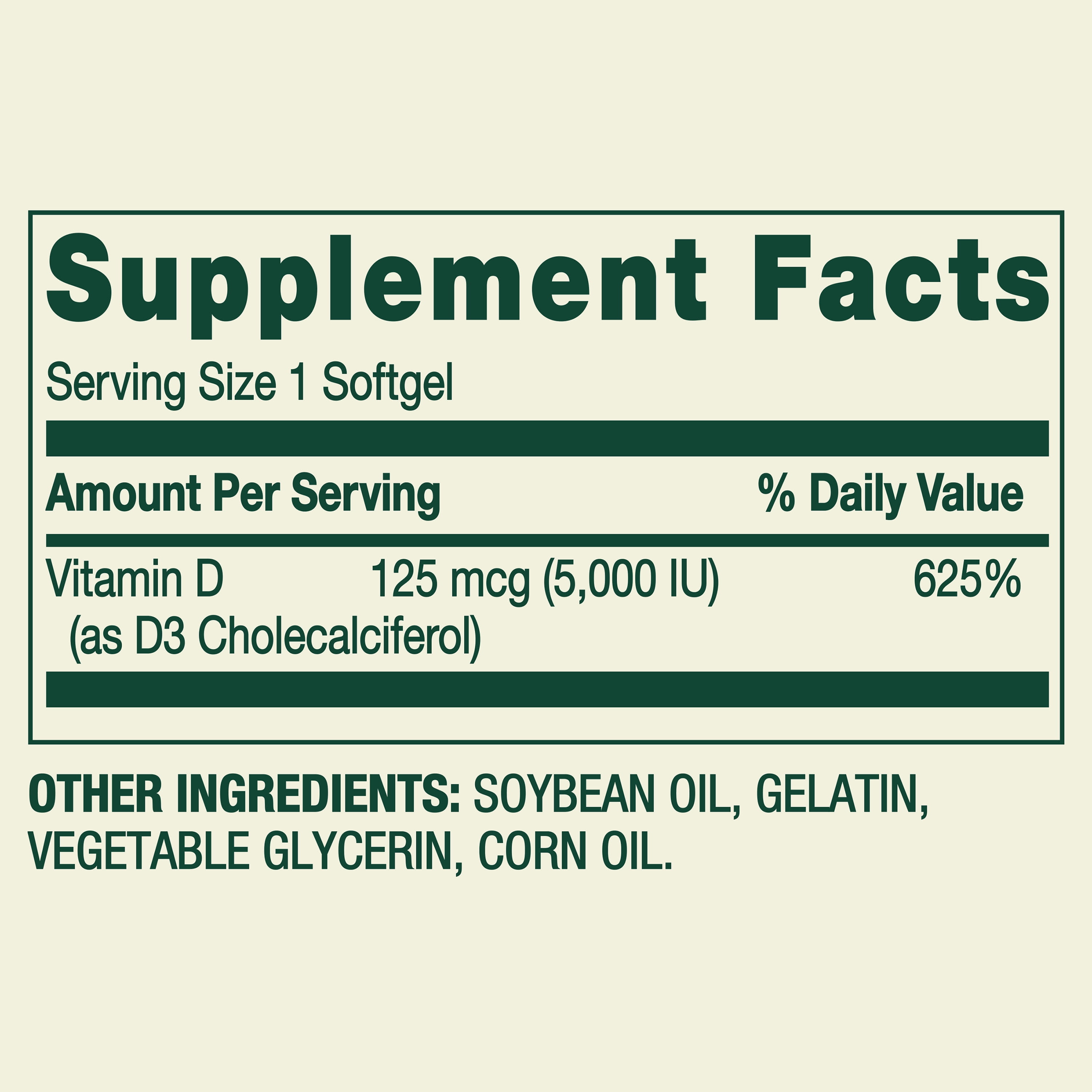 Spring Valley Extra Strength Vitamin D3 Softgels, 125 mcg (5000 IU), 100 Count, Supplement for Bone and Immune Health