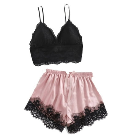 

YYDGH Womens Pajamas Sets V Neck Lace Top and Satin Trim Cami Shorts Soft 2 Piece Nightwear Sleepwear Sexy Summer Lingerie Black Free Size