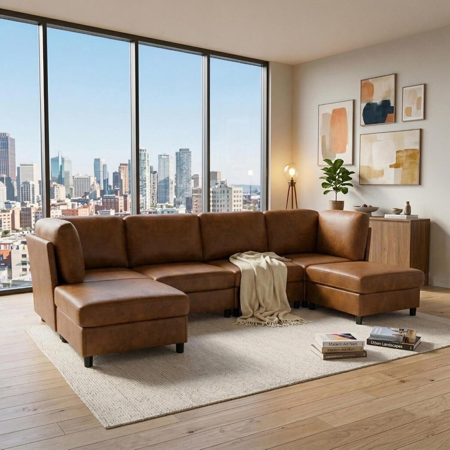 Howcool 124" U Shaped Modular Sectional Sofa, 6 Seat Oversized Cloud Couch with 2 Movable Ottomans, Deep Seat Corner Sofa with Chaise for Living Room, Modern Upholstered Couch, Light Brown