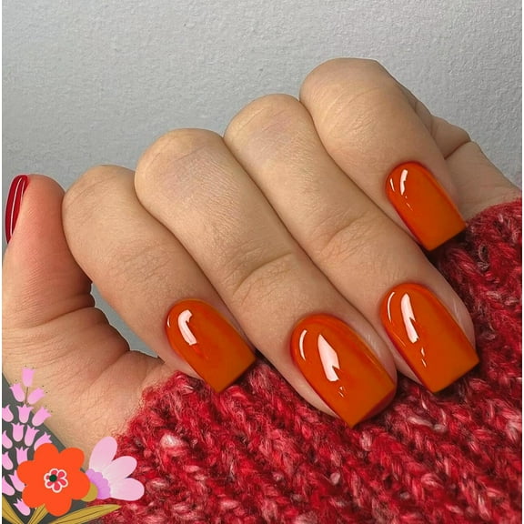 30 PCS Orange Red Press on Nails Short Medium Square Fake Nails Acrylic,Colored Gel Glue on Nails Short Coffin False Nails Set,Varied Sizes For Women Girls Finger Decoration