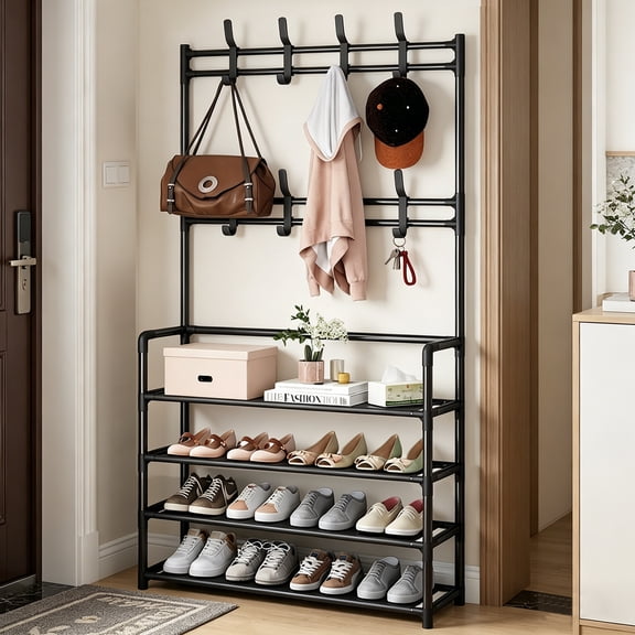 NUBILY 4 Tier Coat Rack Shoe Rack With Storage Shelf Freestanding with 8 Removable Hooks for Entryway Bedroom Closet Modern Industrial Style Coat Tree,Black