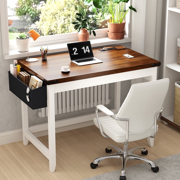 Romorgniz 31.5"W Small Desk with Power Outlet & Storage Bag, Farmhouse Writing Desk for Bedroom