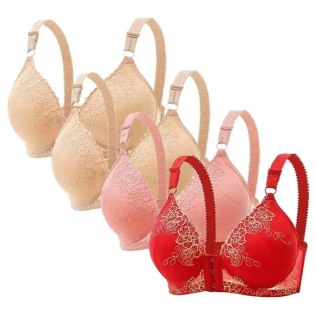 Gnurob Womens Plus Size Bra Front Closure Bralette Lace Seamless Bras Padded Push Up Bralettes No Underwire Underwear 4 PC Sports Everyday Wear Clearance Saving Watermelon Red X-Large