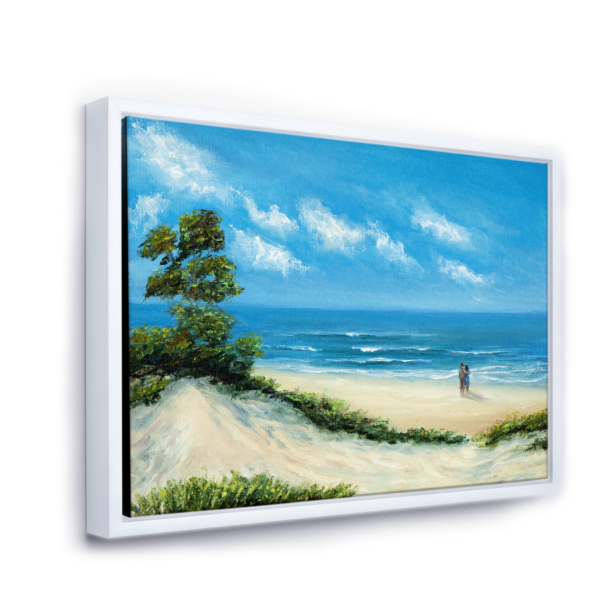 Couple At The Beach In Sunlight 32 in x 16 in Framed Painting Canvas Art Print, by Designart