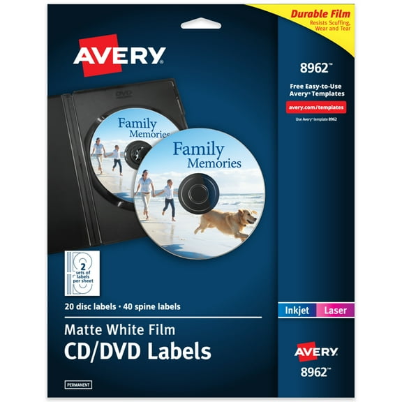 Avery DVD Labels, Permanent, 20 DVD Labels & 40 Spine Labels (8962)