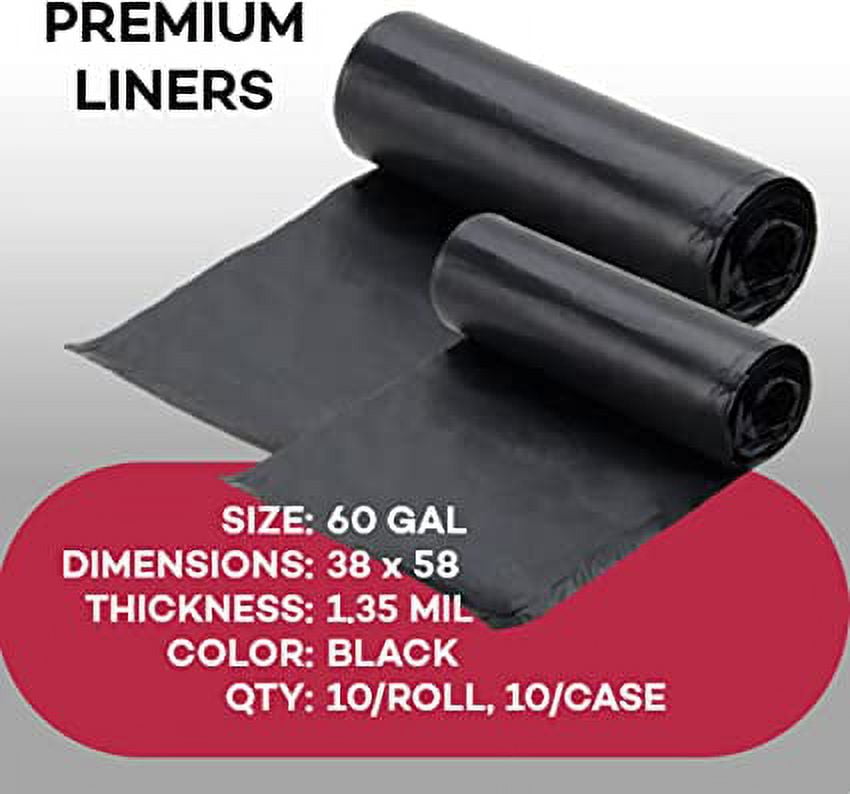 Dealmed Trash Bag, Made in USA, 60 Gallon, 38" x 58", 1.35 Mil, Black, 10 Bags Per Roll, 10 Rolls Per Case