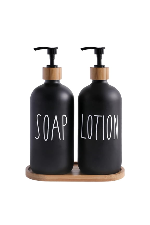 Glass Lotion and  Soap Dispenser Set, Bathroom Soap Dispenser Set with Tray, Suitable for Bathroom Accessories, Housewarming Gift, Countertop Decor, Modern Bathroom Decor (Black, 16oz)