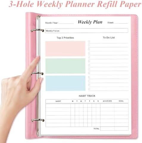 3-Hole Weekly Planner Refills - 53 Sheets/106 Pages Colorful Weekly Planner for 3 Ring Binders, 100 gsm White Paper, Lasts 1 Year, Undated, 8.5'' x 11''