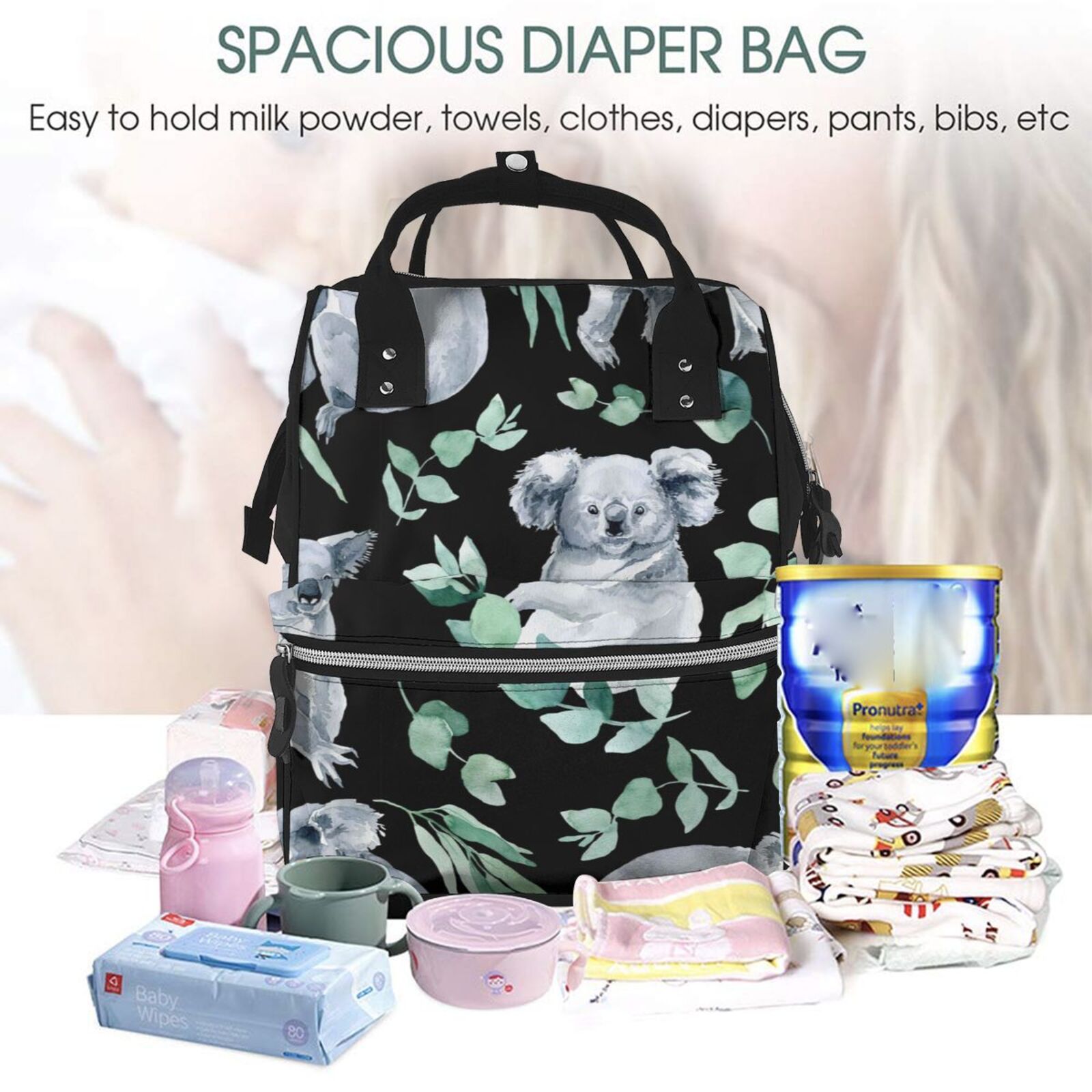 Fuzoiu Cartoon Koala Bear Print Diaper Bag Backpack,Baby Essentials Travel Tote,Multi function Waterproof Diaper Bag, Travel Essentials Baby Bag - Unisex