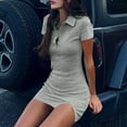 thumbnail image 2 of Women's Long Sleeve Dress Solid Color V Neck Short Sleeve Bodycon Mini Dresses Lapel Collar Wrap Slim Fit Short Dress Gray, 2 of 8