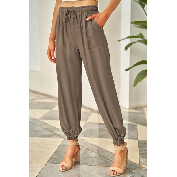 Women's Brown Drawstring Elastic Waist Pull-on Casual Pants with Pockets
