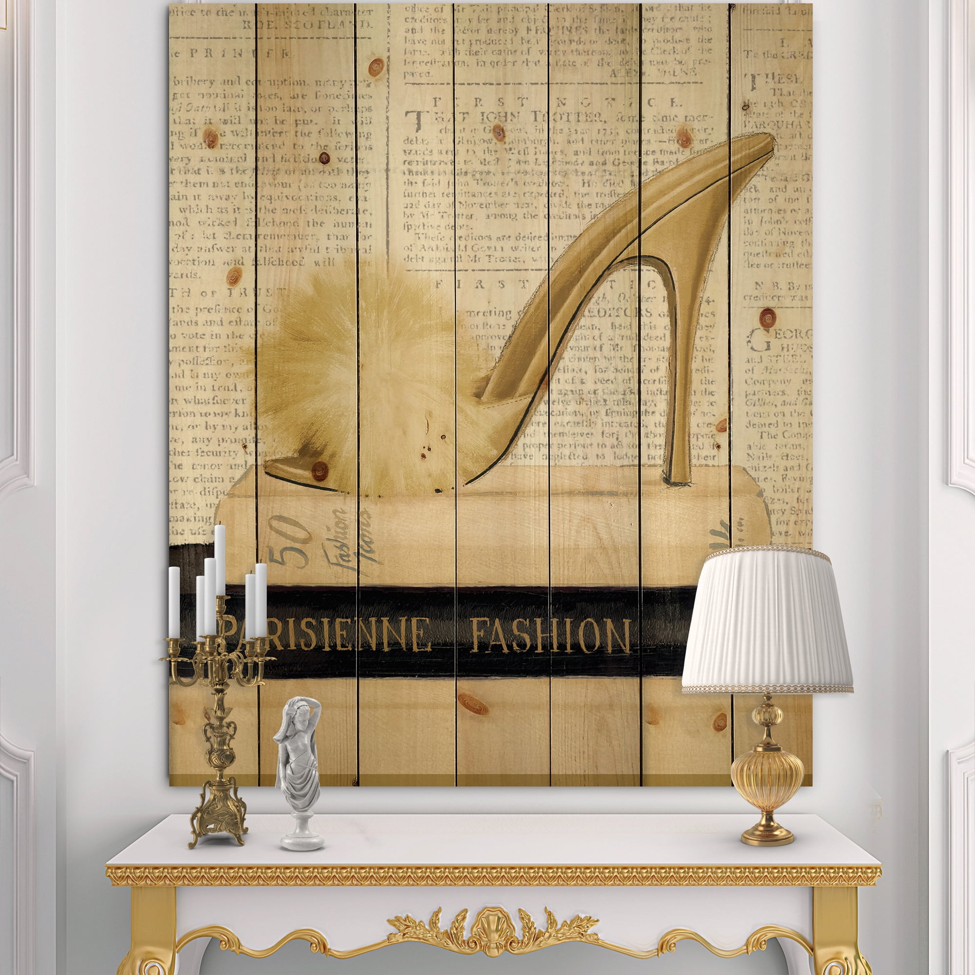 Designart 'Gold Glam and Fashion High Heels II' Posh & Luxe Print on Natural Pine Wood