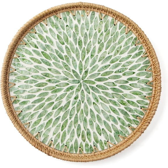 Round Rattan Tray with Mother of Pearl Inlay, Rattan Serving Tray for Coffee, Bread, Fruits, Decorative Wicker Tray for Table Decor, Home Decor, Kitchen Island Decor (Green Leaf, 11.8")
