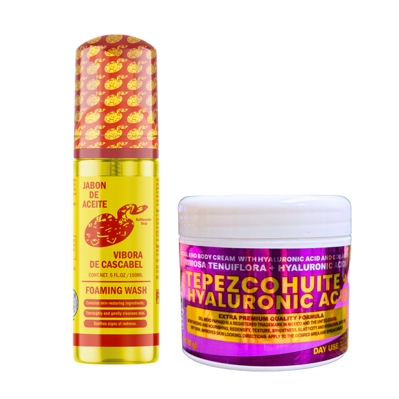Jabon de Vibora de Cascabel Foaming Wash & Tepezcohuite Hyaluronic Acid Facial Cream(4oz) 2-Pack | Gentle Cleanser   Hydrating Day Cream | 150ml Wash & 4oz Cream