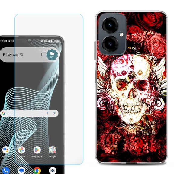 Shockproof Phone Case for Cricket Icon 2026, with Screen Protector, by OneToughShield - Rose Skull