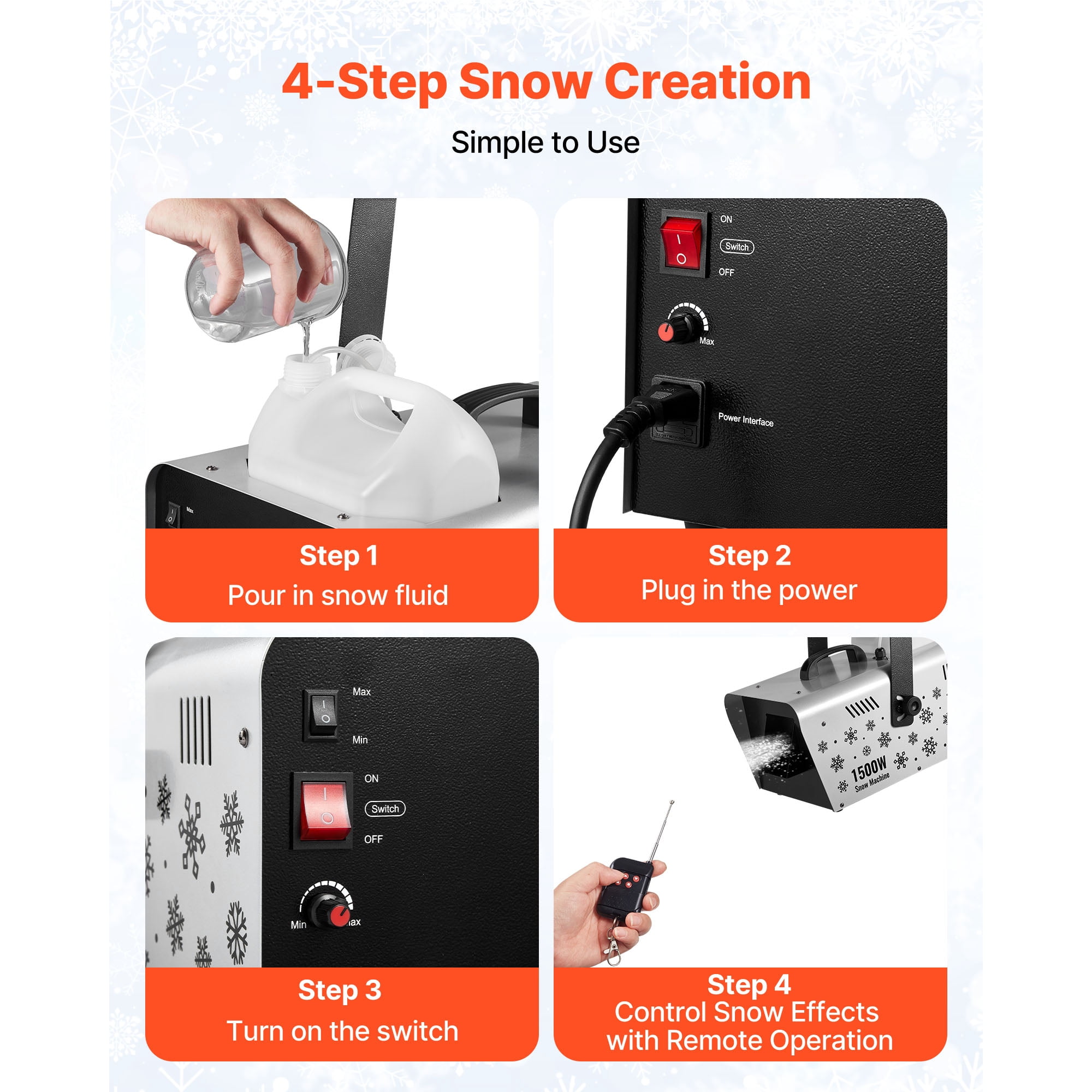 KFFKFF 1500W Snow Machine Snowmaker Machine for Events & Parties SPCC Cold‑Rolled Steel PP 5L Large Tank, 17.52x12.20x17.32 in Black