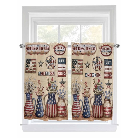 Tier Curtains 45 Inches Long, Farmhouse 4th of July Window Treatment Curtain Drapes, American Country Star Botanical Window Half Privacy Curtains for Bedroom Bathroom, 42"x45", 2 Panels