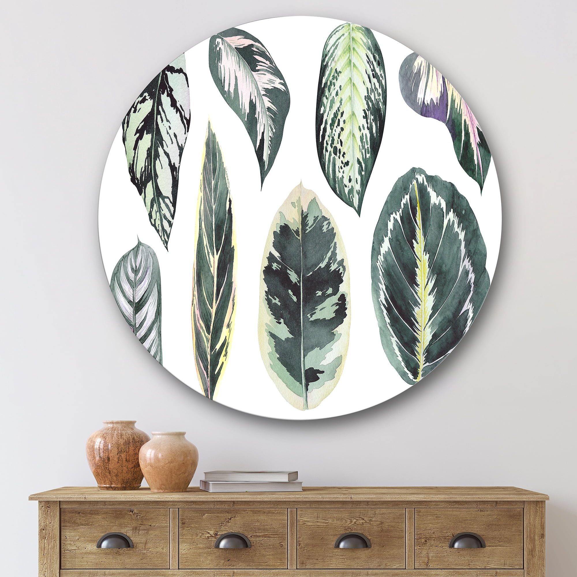 Designart 'Tropical Calathea Leaves On White' Bohemian & Eclectic Circle Metal Wall Art 36x36 - Disc of 36