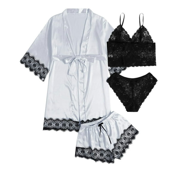Ensembles de Pyjama pour Femmes Patte de Boutonnage Longue en Soie Hauts de Nuit et Shorts Décontractés Nuisette Unie Vêtements de Nuit Ensembles de Pj Gris Clair P
