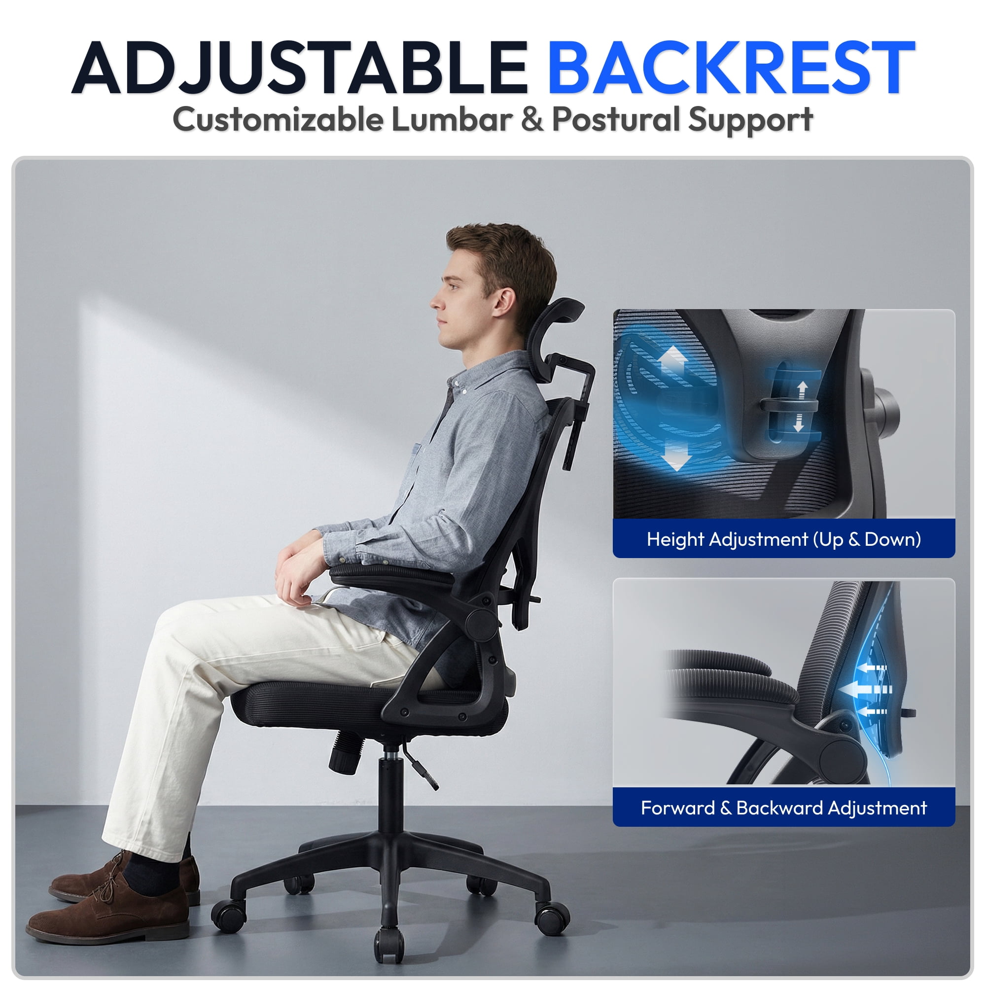 Ultifit Adult Farbic Adjustable Headrests and Adjustable Armrests Ergonomic Office Chairs Black 300lbs