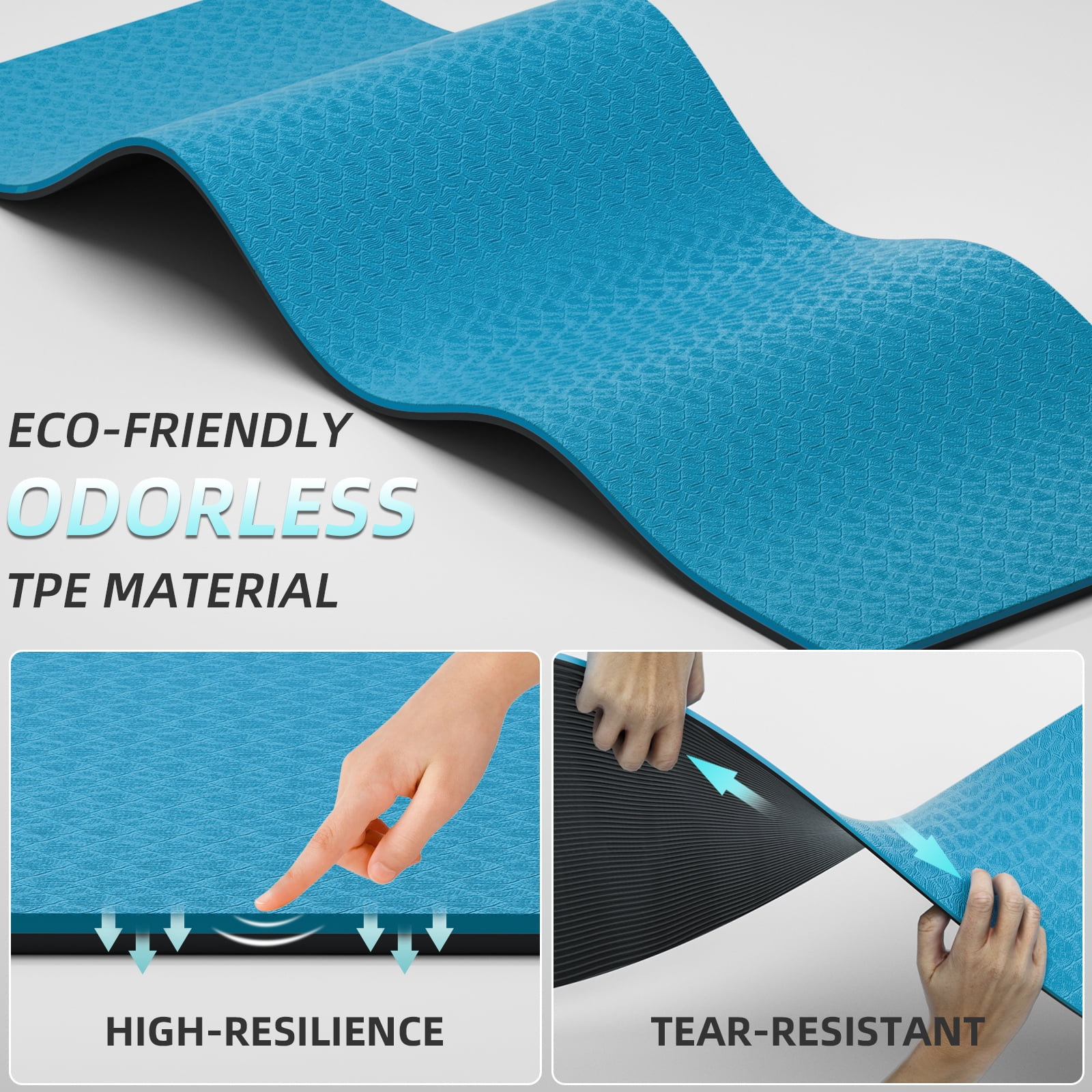 LAMEI Large Yoga Mat Thick Extra Wide And Long, Non-Slip TPE Exercise Mats For Home Workout, Straps For Carrying, Dual-Color in Blue/Black