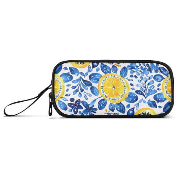 Blue Leaves Watercolor Lemon Pencil Case Stationary Holder Pen Bag Pencil Pouch Tool Organizer 3 Compartments