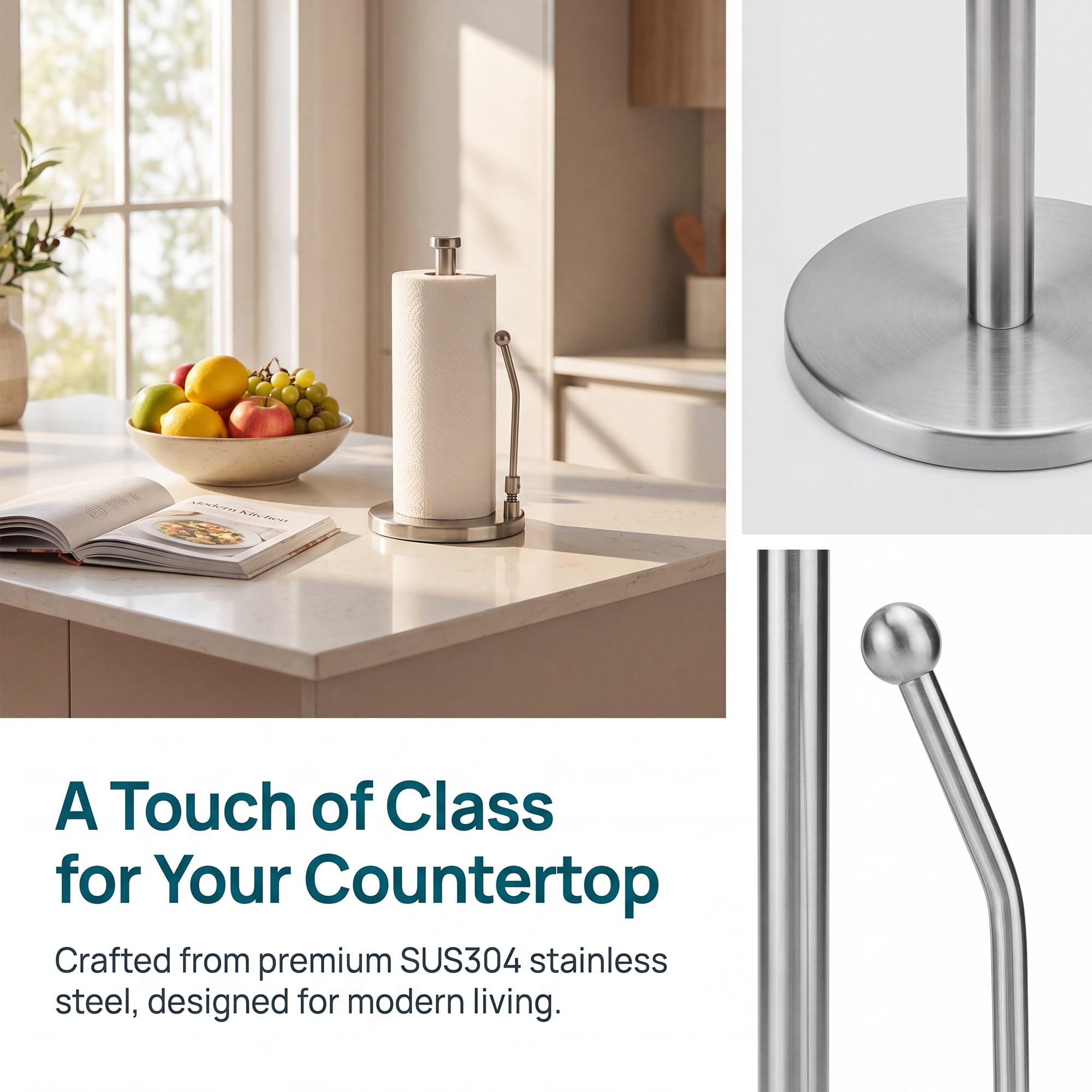 Unique Bargains Paper Towel Holder Countertop Weighted Base Silver A 12.7x6.7inch