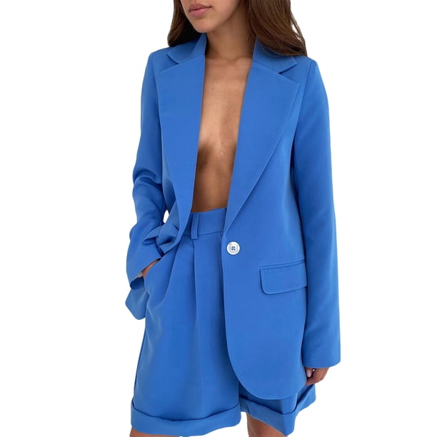 Txlixc Pantalones cortos de traje de mujer, cuello de solapa de color sólido Txlixc moda