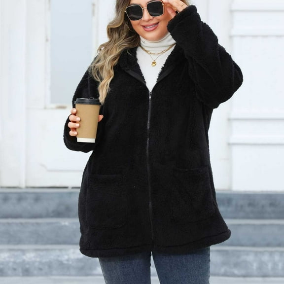 Womens Fleece Jackets Plus Size Sherpa Lined Cardigans Full Zip Outerwear Hooded Jacket Long Sleeve Fall Jackets with Pockets ,XL-5XL