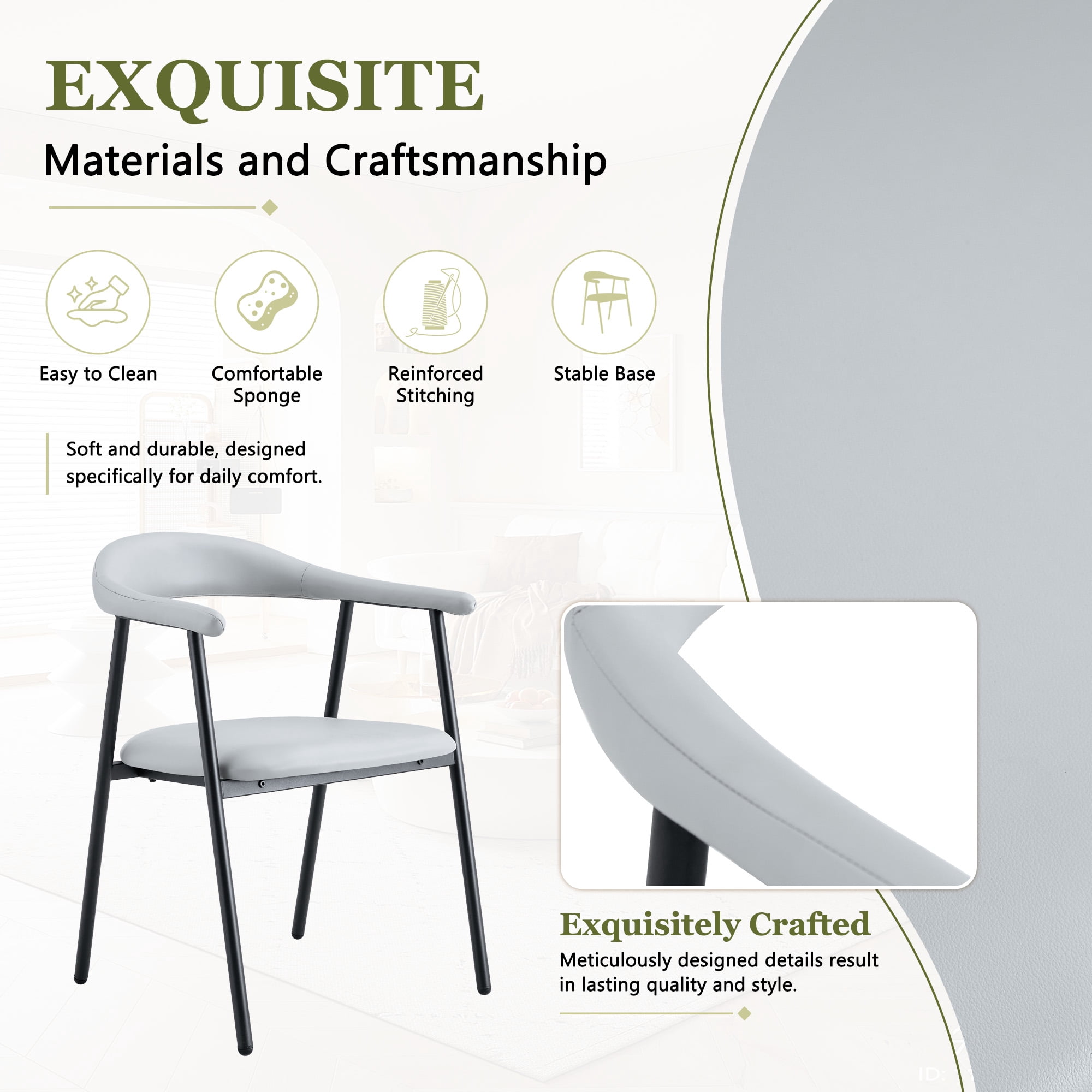 Leumius Dining Chairs Set of 4,PU Leather Dining Room Chairs with Cushion Seat and Metal Legs,Modern Minimalist Style Kitchen Chairs for Kitchen Living Room,Easy Assembly,Light Gray PU